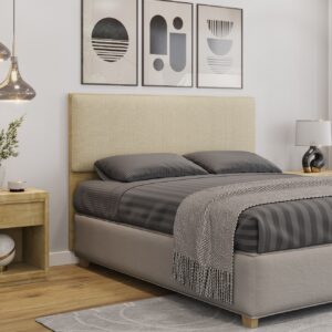 Cabecero tapizado UNI 160, MDP natura, tejido lino jengibre, 160x5x90 cms