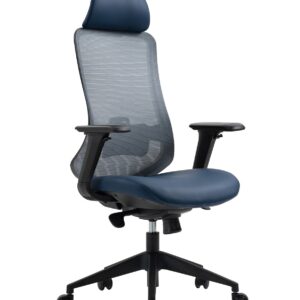 Sillón de oficina ARANJUEZ, alto, negro, ergonómico, multifunción, malla y asiento azul